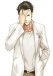  belt brown_hair covering_one_eye evil_grin evil_smile facial_hair green_eyes grin hand_in_pocket hand_on_own_face labcoat makimura_shunsuke male_focus messy_hair okabe_rintarou pen smile solo steins;gate stubble 