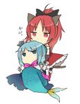  animal_ears bad_id bad_pixiv_id biting blue_eyes blue_hair bow cape cat_ears crown detached_sleeves gloves head_biting jitome kemonomimi_mode long_hair magical_girl mahou_shoujo_madoka_magica mermaid miki_sayaka monster_girl monsterification multiple_girls oktavia_von_seckendorff red_eyes red_hair sakura_kyouko short_hair simple_background spoilers tail thighhighs translated tsuzuya_(knt31) white_background 