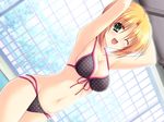  ;d armpits arms_up bikini blonde_hair blush breasts cleavage dutch_angle front-tie_top game_cg green_eyes groin happy hazumi_rio highres large_breasts navel one_eye_closed open_mouth petapeta polka_dot polka_dot_bikini polka_dot_swimsuit pool poolside shiokawa_aya short_hair smile solo swimsuit tree window 