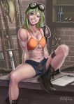  abs absurdres armory belt biceps bikini_top blue_eyes boots bow_(weapon) breasts goggles goggles_on_head green_hair grin highres large_breasts midriff muscle muscular_female o-dutch original shop short_hair short_shorts shorts shoulder_pads sitting smile solo sword tan tanline weapon weapon_shop 
