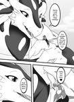  breasts clothing comic day_with_dna dragon english_text female greyscale hair huge_breasts licking macro male monochrome muscles muscular_female pants ryuakira sitting tail text tongue 