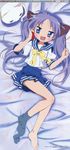  absurdres blue_eyes cathead cellphone feet food hair_ribbon highres hiiragi_kagami long_hair long_legs lucky_star lying megami midriff navel nyamou official_art on_back phone pleated_skirt pocky purple_hair ribbon ryouou_school_uniform scan school_uniform serafuku skirt smile socks solo takemoto_yasuhiro toes tsurime twintails 