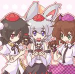  :d animal_ears black_hair blue_eyes brown_hair character_doll checkered checkered_skirt doll fang fushigi_ebi green_eyes hat himekaidou_hatate inubashiri_momiji multiple_girls no_nose open_mouth red_eyes shameimaru_aya short_hair silver_hair skirt smile tokin_hat touhou unmoving_pattern white_hair wolf_ears 