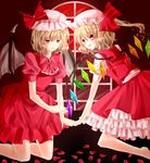  :p alternate_color alternate_hair_color ascot barefoot bat_wings blonde_hair bow brooch flandre_scarlet hat hat_bow highres hiru0130 holding_hands jewelry kneeling multiple_girls petals player_2 red red_eyes remilia_scarlet short_hair siblings side_ponytail sisters tongue tongue_out touhou wings 