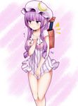  backpack bag bangs bare_legs between_breasts blunt_bangs bottomless breasts clothes_writing covering covering_crotch crescent fidgeting hand_on_own_chest hat highres hime_cut long_hair miki_purasu no_pants patchouli_knowledge purple_eyes purple_hair randoseru shirt_tug solo standing touhou 