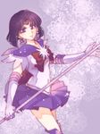  back_bow bishoujo_senshi_sailor_moon boots bow brown_bow earrings gloves holding holding_staff jewelry magical_girl makoto1009 no_choker purple purple_eyes purple_hair purple_sailor_collar purple_skirt sailor_collar sailor_saturn sailor_senshi_uniform skirt solo staff tomoe_hotaru weapon white_gloves 