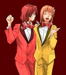  anger_vein bow bowtie closed_eyes crossdressing flower formal hair_ornament hayate_x_blade kiriya_ouka lowres mori_(unknown.) multiple_girls pant_suit red_background red_hair short_hair simple_background smile sparkle suit takarada_riona 