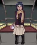  bag black_hair blush boots brown_eyes ferris_wheel ferris_wheel_interior maria-sama_ga_miteru mori_(unknown.) night nijou_noriko open_mouth scarf sitting skirt solo sweater 