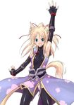  animal_ears black_legwear black_thighhighs blonde_hair blue_eyes breasts dog_days female fingerless_gloves fox_ears fox_tail gloves happy long_hair open_mouth ponytail skin_tight smile solo tail thighhighs wave waving white_background yukikaze_panettone 