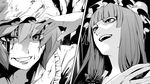  arm_up bad_id bad_pixiv_id blood blood_on_face blood_stain greyscale grin hat irohara_mitabi long_hair monochrome multiple_girls open_mouth patchouli_knowledge remilia_scarlet sharp_teeth short_hair smile teeth torn_clothes touhou 