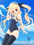  blonde_hair dixie_cup_hat fate_testarossa frapowa hat long_hair lyrical_nanoha mahou_shoujo_lyrical_nanoha military_hat one-piece_swimsuit school_swimsuit solo swimsuit thighhighs 
