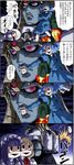  4girls 4koma alice_margatroid backpack bag blonde_hair blue_hair comic failure giant_robo hairband hat highres kawashiro_nitori kirisame_marisa multiple_girls patchouli_knowledge purple_hair robot shaded_face touhou translated troll_face two_side_up witch_hat 