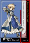  ahoge armor armored_dress artoria_pendragon_(all) bad_id blonde_hair blue_dress blue_ribbon braid breastplate caliburn copyright_name cover cover_page dated doujin_cover doujinshi dress engrish eyebrows eyebrows_visible_through_hair fate/stay_night fate_(series) faulds french_braid full_body gauntlets green_eyes hair_between_eyes hair_ribbon holding holding_sword holding_weapon legs_apart nakamura_hisashi ranguage reverse_grip ribbon saber short_hair solo standing sword text_focus weapon 