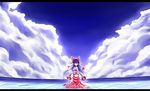  bad_id bad_pixiv_id blue_sky bow brown_hair closed_eyes cloud day detached_sleeves dress hair_bow hair_tubes hakurei_reimu highres midriff ocean shunsuke sky smile solo touhou 