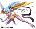  arai_nobu blue_eyes blue_hair breastplate claws digimon digimon_frontier feathers head_wings hips mask monster_girl navel pink_legwear scarf short_hair shutumon simple_background solo text_focus thighhighs wings 