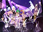  6+girls \m/ bangle belt blue_eyes bracelet concert fingerless_gloves frilled_skirt frills gloves glowstick green_hair heart highres idol jewelry long_hair macross macross_frontier microphone microphone_stand multiple_boys multiple_girls pandaun pink_hair ponytail ranka_lee red_eyes saotome_alto sheryl_nome short_shorts shorts skirt spotlight stage star thighhighs very_long_hair 