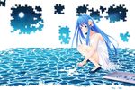 1girl bare_legs bare_shoulders blue_hair dress hair_ornament hitsukuya long_hair original puzzle solo star white_dress 