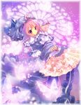  blue_dress bug butterfly dress dual_wielding fan folding_fan hat holding insect maryquant outstretched_arm pink_eyes pink_hair ribbon saigyouji_yuyuko smile solo touhou triangular_headpiece 