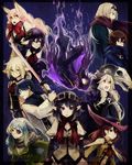  4boys 6+girls black_hair blonde blue_eyes blue_hair both_genders bow brown_hair eyepatch goggles hat hood horns isaya kemonomimi long_hair open_mouth pixiv_fantasia pixiv_fantasia_4 pointed_ears purple_hair red_eyes scarf short_hair skull sword weapon 