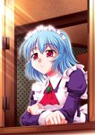  blue_hair iwako kokorono_hizumi maid maid_headdress maid_rpg red_eyes short_hair smile solo 