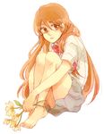  bad_id bad_pixiv_id barefoot bleach flower inoue_orihime leg_hug legs long_hair orange_eyes orange_hair roh_yon_ji school_uniform sitting solo 