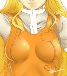  baiola blonde_hair breasts closed_mouth head_out_of_frame lips long_hair macross macross_frontier medium_breasts sheryl_nome sidelocks skin_tight smile solo upper_body very_long_hair 