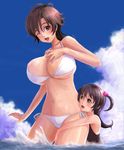  amaha_masane amaha_rihoko bikini breasts brown_eyes brown_hair cleavage huge_breasts ikara mother_and_daughter multiple_girls navel one_eye_closed purple_hair short_hair side-tie_bikini swimsuit two_side_up water witchblade 