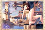  arm_support bare_shoulders barefoot blush boat brown_eyes brown_hair convenient_leg dock feet hair_ornament lantern midriff original scenery sidelocks sitting skirt smile solo strapless tareme tougetsu_gou tubetop water watercraft 