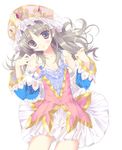  atelier_(series) atelier_totori blue_sleeves collarbone detached_sleeves dress eyebrows eyebrows_visible_through_hair flat_chest grey_eyes grey_hair long_hair looking_at_viewer see-through_silhouette simple_background solo totooria_helmold tsurusaki_takahiro white_background 