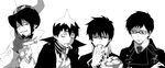  amaimon ao_no_exorcist bad_id bad_pixiv_id brothers cross eating facial_hair fang finger_in_mouth fingerless_gloves food glasses gloves goatee greyscale grin hat mephisto_pheles monochrome multiple_boys necktie okumura_rin okumura_yukio pointy_ears shaded_face siblings simple_background smile striped striped_neckwear yomi178 