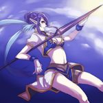  9wa bad_id bad_pixiv_id blue_hair breasts cleavage gloves judith long_hair medium_breasts midriff pointy_ears polearm red_eyes solo tales_of_(series) tales_of_vesperia weapon 