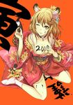  2010 :p animal_ears blonde_hair breasts brush cleavage flower hair_flower hair_ornament highres japanese_clothes kimono kuro_(jyupiter) medium_breasts new_year one_eye_closed original solo tail tiger_ears tiger_tail tongue tongue_out yellow_eyes 