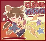  animal_ears brown_hair chibi dog_ears gertrud_barkhorn highres instrument long_hair military military_uniform playing pun solo strike_witches takahero trombone twintails uniform world_witches_series 