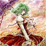  field flower flower_field green_hair kazami_yuuka nail_polish nanashii_(soregasisan) profile red_eyes short_hair solo sunflower touhou umbrella upper_body 