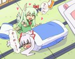  &gt;_&lt; ^_^ barefoot blush bow closed_eyes dress ex-keine fujiwara_no_mokou futon green_dress green_hair hair_bow heart horn_ribbon horns kamishirasawa_keine long_hair maru_take multiple_girls open_mouth pillow ribbon short_sleeves silver_hair smile tail tatami tissue_box touhou 