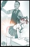  1girl ass black_border border copyright_request facial_hair kami_tora mustache necktie non-web_source open_mouth pain panties school_uniform skirt spanked spanking tears underwear 