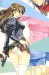  4girls agent_aika artbook ass black_delmo blue_delmo breasts brown_eyes brown_hair delmo dress erect_nipples erect_nipples_under_clothes gun hand_on_thigh handgun head_out_of_frame jpeg_artifacts looking_back momoi_nanabei multiple_girls oshiri panties pantsu pink_delmo pretty_well skin_tight smile thighhighs tight underwear weapon white_delmo white_legwear white_panties wind_lift 