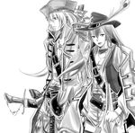  1girl belt breasts cleavage coat earrings feathers fujiwara_no_mokou genderswap genderswap_(ftm) greyscale gun hair_ornament hat jewelry kamishirasawa_keine long_hair medium_breasts monochrome multiple_girls necklace pirate sword toki_yoru touhou weapon 