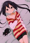  animal artist_name bike_shorts black_hair blush breasts brown_eyes casual cat cleavage dress from_above k-on! long_hair lying medium_breasts nakano_azusa off_shoulder on_back signature solo striped sweat sweater sweater_dress twintails yamasaki_wataru 