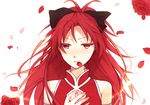  bad_id bad_pixiv_id bare_shoulders bow colored_eyelashes detached_sleeves eyelashes flower hair_bow long_hair magical_girl mahou_shoujo_madoka_magica mouth_hold petals red_eyes red_flower red_hair red_rose rose rose_petals sakura_kyouko simple_background solo tsuzuya_(knt31) upper_body 