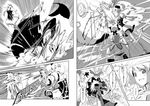  battle charlotte_(madoka_magica) comic firing greyscale gustav_(telomere_na) kaname_madoka mahou_shoujo_madoka_magica monochrome multiple_girls spoilers tomoe_mami translated 