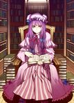  armchair bangs blunt_bangs book book_stack bookshelf bow capelet chair crescent dress hat highres indoors library long_hair looking_at_viewer mizuryuu_kei nightgown patchouli_knowledge purple_dress purple_eyes purple_hair room sitting slippers solo striped sunlight touhou vertical_stripes very_long_hair voile window 