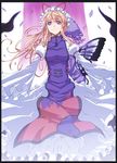  back-to-back blonde_hair breasts butterfly_wings cherry_blossoms dress gap haruichi hat large_breasts long_hair multiple_girls petals pink_hair purple_eyes saigyouji_yuyuko short_hair touhou wings yakumo_yukari 