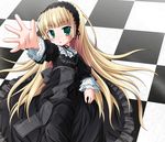  blonde_hair checkered checkered_floor chin_strap gosick gothic_lolita green_eyes hairband lolita_fashion lolita_hairband long_hair natsuhime_yuran reaching solo very_long_hair victorica_de_blois 