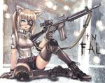  bell belt black_thighhighs blonde blue_eyes boots brown_hair eyepatch fn_fal gloves gun inumimi kemonomimi necklace nekomimi oppai shirt shorts sitting thighhighs twin_tails wolf_ears 