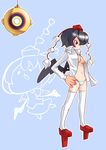  bad_id bad_pixiv_id bird_scarer black_hair breasts geta hat looking_away medium_breasts no_bra no_pants open_clothes open_shirt panties red_eyes serious shameimaru_aya shirt short_hair solo striped striped_panties tengu-geta thighhighs tokin_hat touhou underwear white_legwear wings yuragi_(nukomomo) 