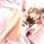  :o ahoge ayase_midori bare_legs barefoot blonde_hair blush bottle bow cherry_blossoms convenient_leg cup dress drill_hair drunk hat legs legs_up luna_child lying on_back open_mouth petals red_eyes sakazuki short_hair solo touhou 