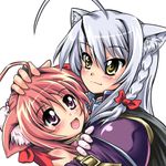  2girls :3 ahoge animal_ears blush braid cat_ears dog_days dog_ears goggirl highres hug leonmitchelli_galette_des_rois long_hair millhiore_f_biscotti multiple_girls open_mouth pet pink_eyes pink_hair silver_hair smile white_hair yellow_eyes 
