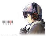  ? bangs barcode beanie black_hair cable closed_eyes closed_mouth digital_media_player english fur_trim gloves gou_(double_trigger) grey_gloves grey_hat hat headphones holding light_smile listening_to_music original profile short_hair simple_background solo upper_body wallpaper watermark web_address white_background winter_clothes 