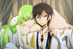  1boy 1girl bed black_hair breasts c.c. cc cleavage clothed_male_nude_female code_geass female green_hair lelouch_lamperouge long_hair lying male military military_uniform nude pochi-a purple_eyes short_hair sitting uniform yellow_eyes 